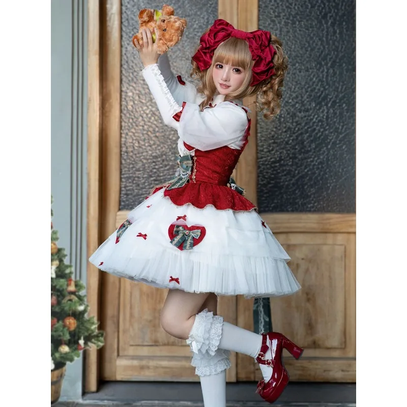 Japanese Victorian Christmas Lolita  Dress Women Kawaii  Long Sleeve Top Sweet Lace Heart Bow Sundresses Y2k JSK