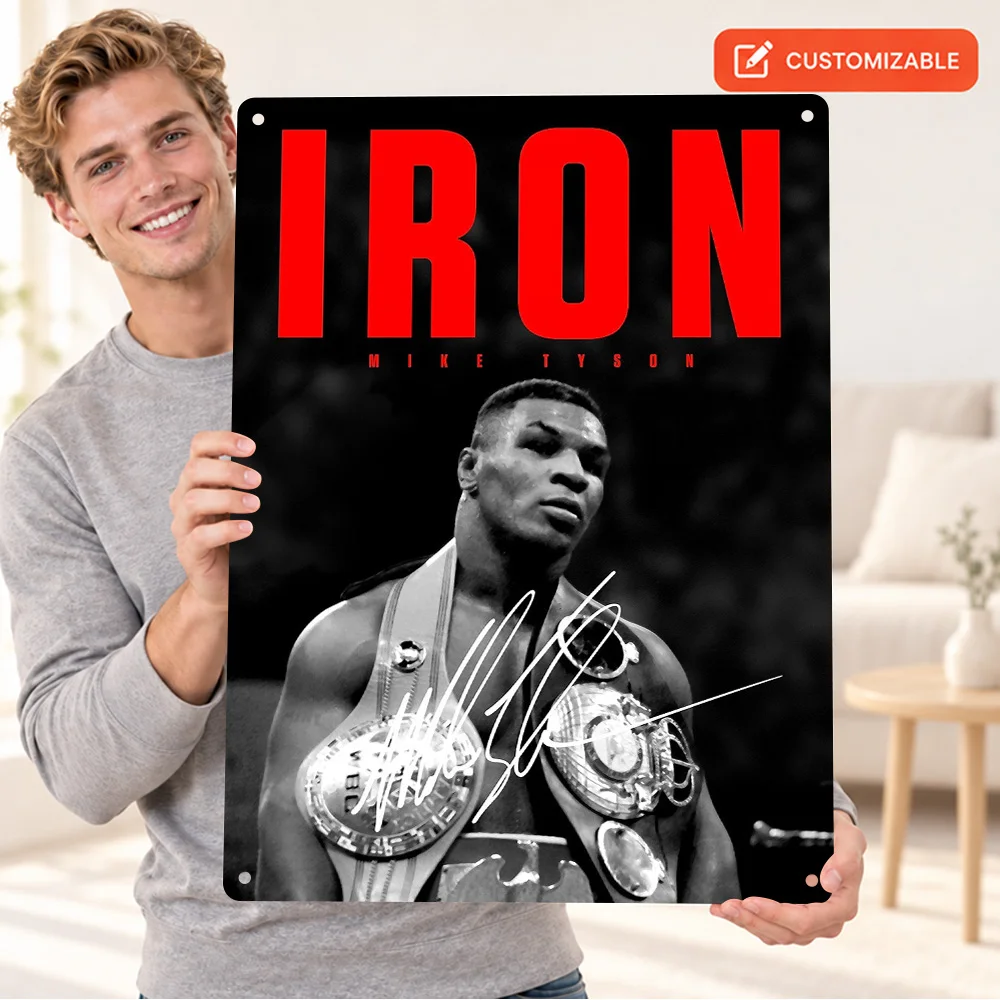 Mike Tyson Championship Belts Printed Poster Customized Aluminum Metal Sign Gold Plates Black Straps Wall Art For Fitness Studio