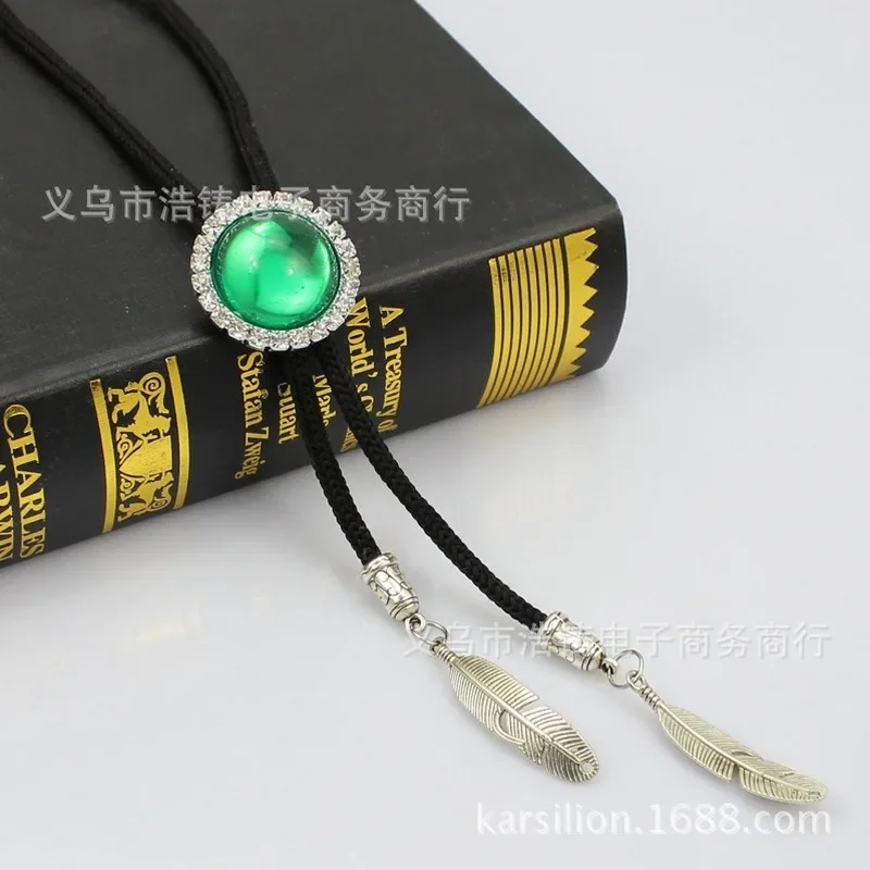 

Indian Rhinestone Man Bolo Tie Vintage for Men Necklace Women Adjustable Long Pendant Girls Green Jewelry Accessories Kravat