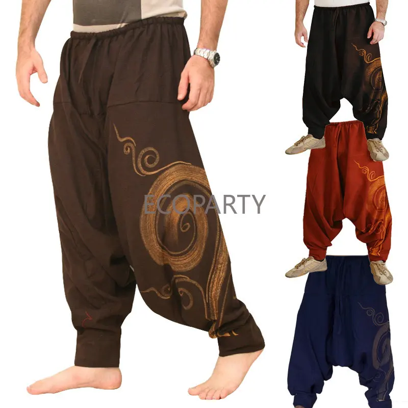 

Vintage Loose Baggy Pants Cos Traditional Prints Thai Hill Tribe Fabric Men's Harem Pants With Ankle Straps Medieval Mens Bottom