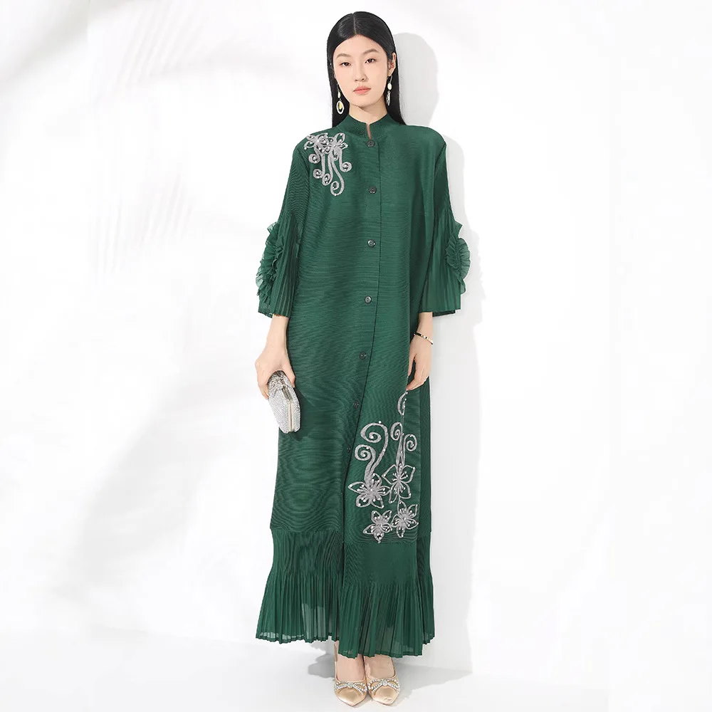 

Miyake Style Pleated Dress Women's New Loose Large Size Handmade Shaking Flower Single-breasted Cardigan Pleated Long Skirt