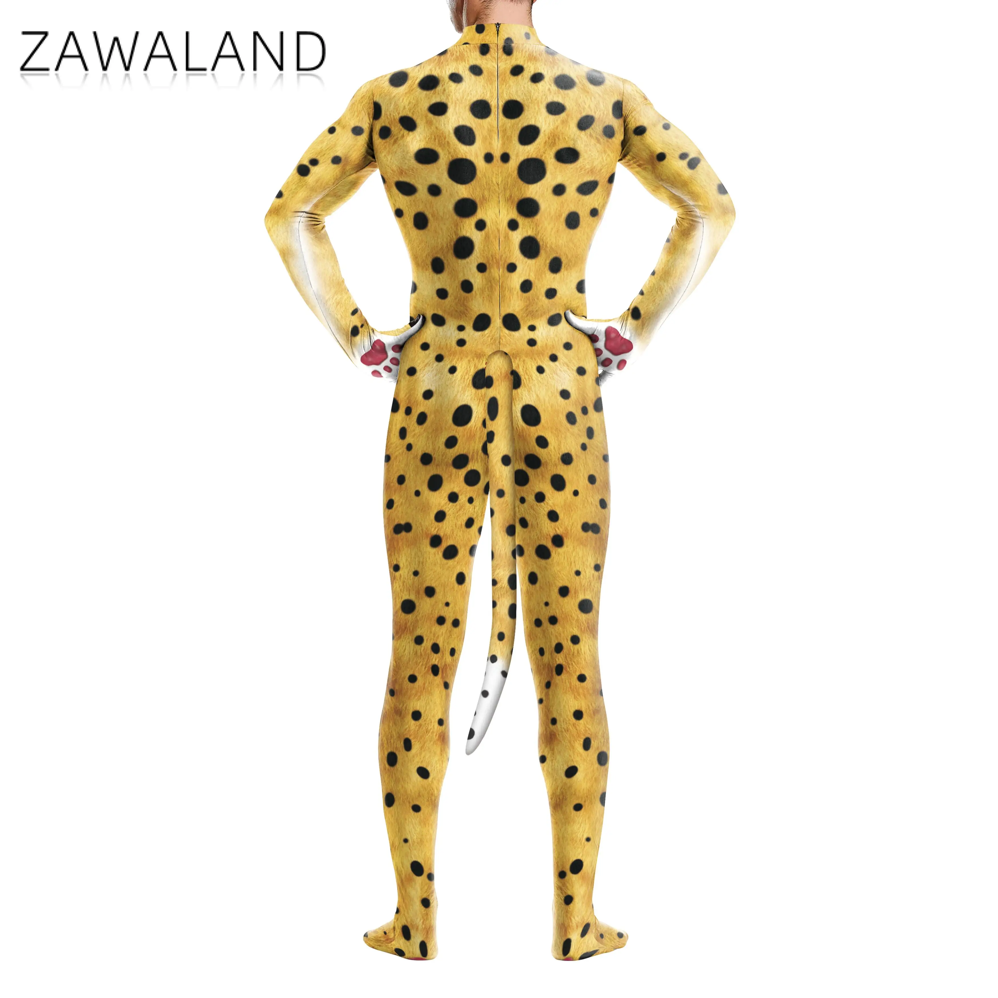 Zawaland Leopard Petsuit with Tail Panthera Pardus Couple Full Bodysuit Fancy Animal Print Disguise Suit Carnival Halloween Wear