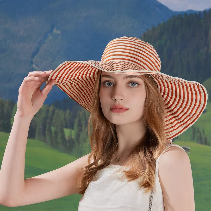 

Spring summer large visor Striped bow sun block hat women's outdoor outing large brim visor foldable temperament fisherman hat