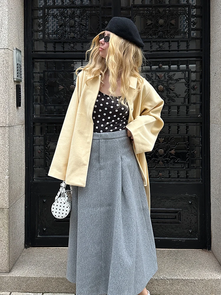 

Elegant Lace Up Yellow Woolen Coat Women Chic Full Sleeve Pocket Lapel Jackets Autumn New Ladies Daily High Street Outerwear