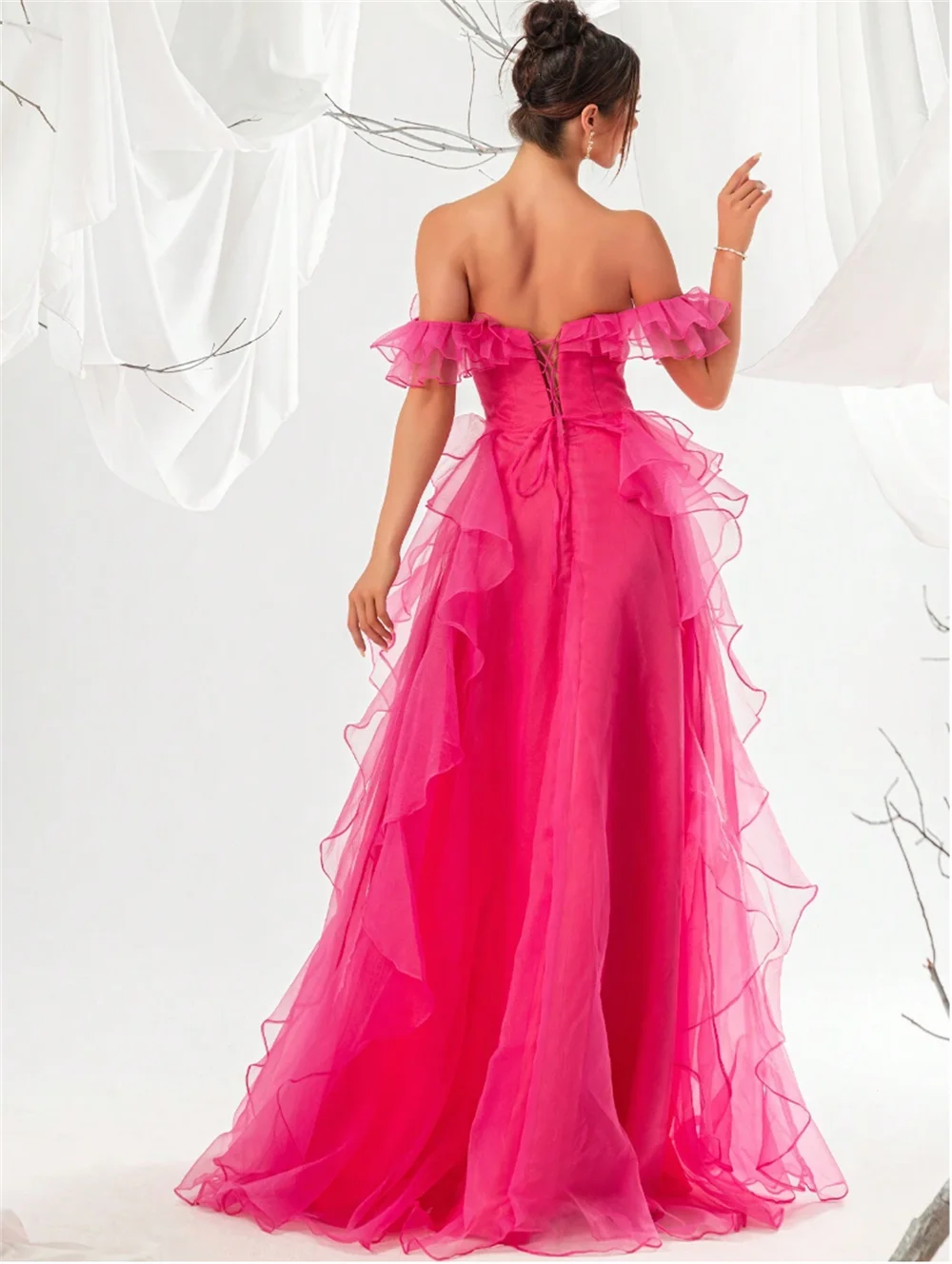 Jessica-Robe de Soirée Rose en Organza, Tenue de Bal, Fait à la Main, Bords Bouclés, Épaules Dénudées, Fente Latérale, Corset, ixde Mariage