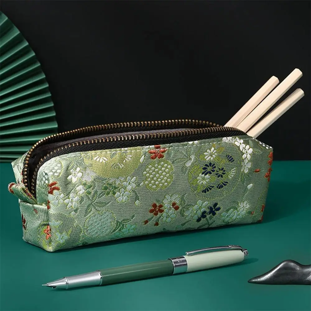 Creative Retro Large Capacity Pen Bag Chinese Embroidery Pencil Case Silk Brocade Pen Box Storage Bag Stationery Organizer