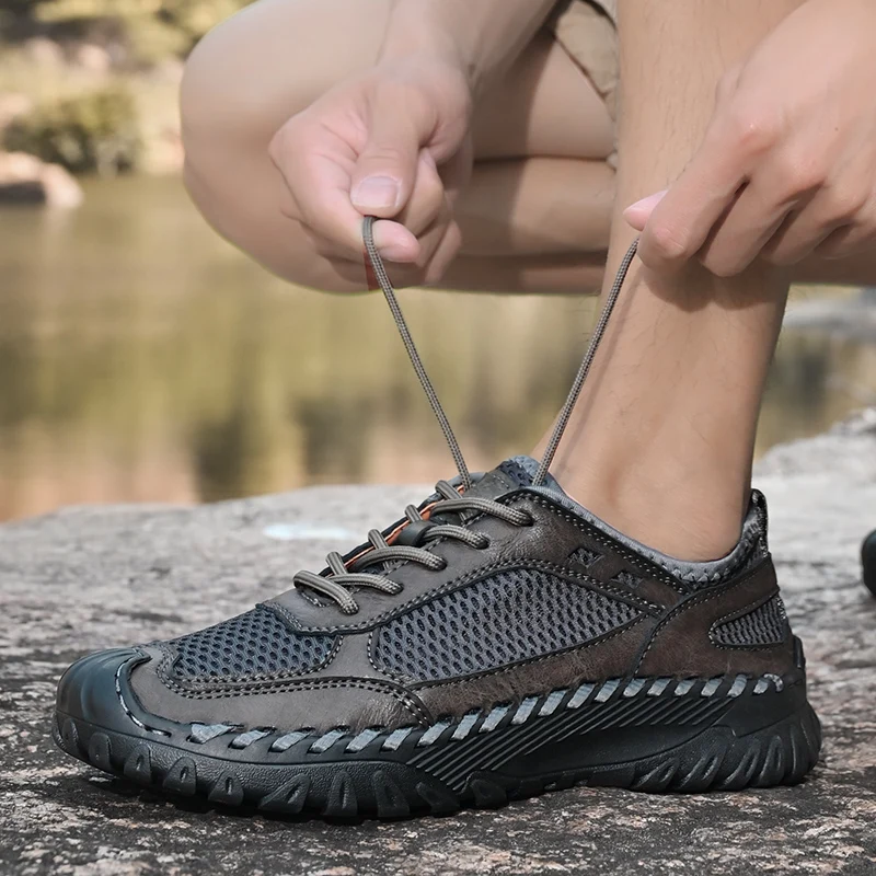 

Plus Size Men's Mesh & Leather Spliced Shoes, Summer Breathable Outdoor Hiking Shoes, Non-slip Lightweight Casual Sneakers