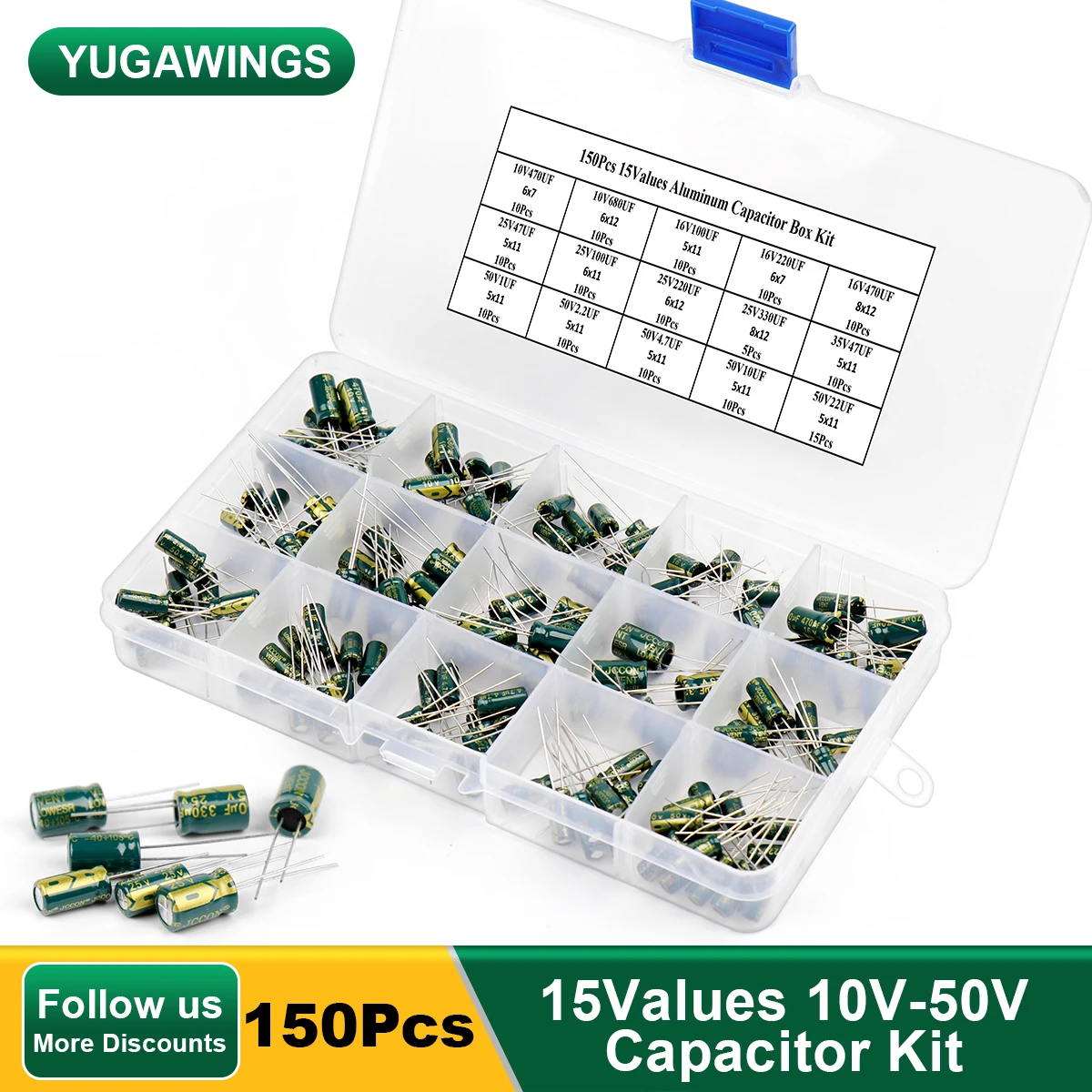 

150Pcs/Box Capacitor Kit 15Values 10-50V Aluminum Electrolytic Capacitors Assorted Kit Repair DIY High Frequency Low ESR