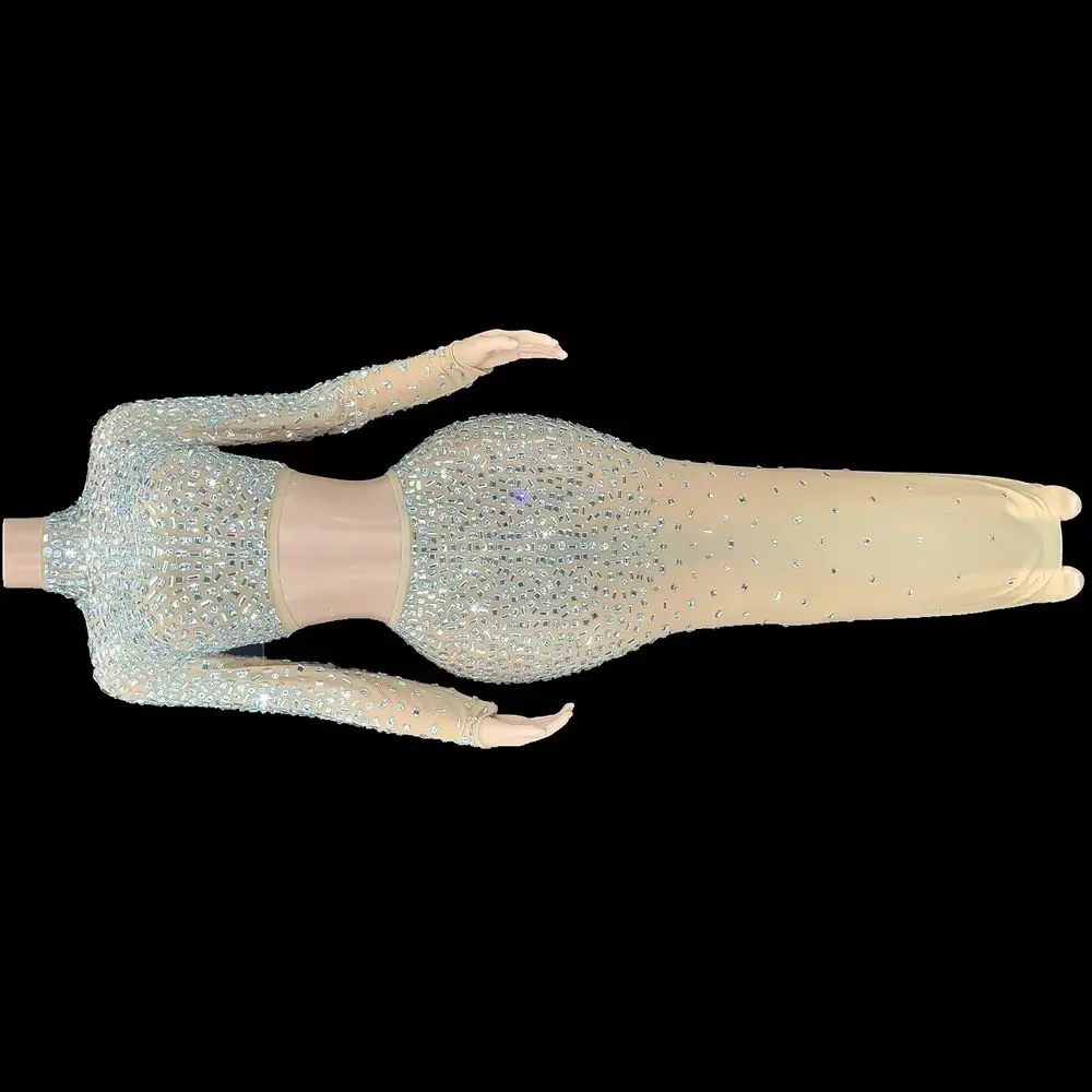 

Rhinestones Top Long Skirt Sexy Transparent Diamond outfit Two Pieces Set Celebrate Evening Prom Gown Diamond Birthday Dress