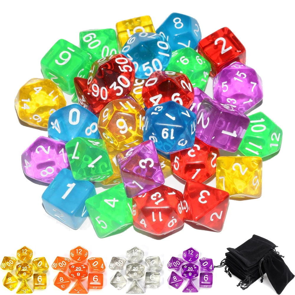 7Pcs/Set DND Dice Transparent D4 D6 D8 D10 D12 D20 Polyhedral Effect for RPG Role Playing Table Games Board Game with Pouch