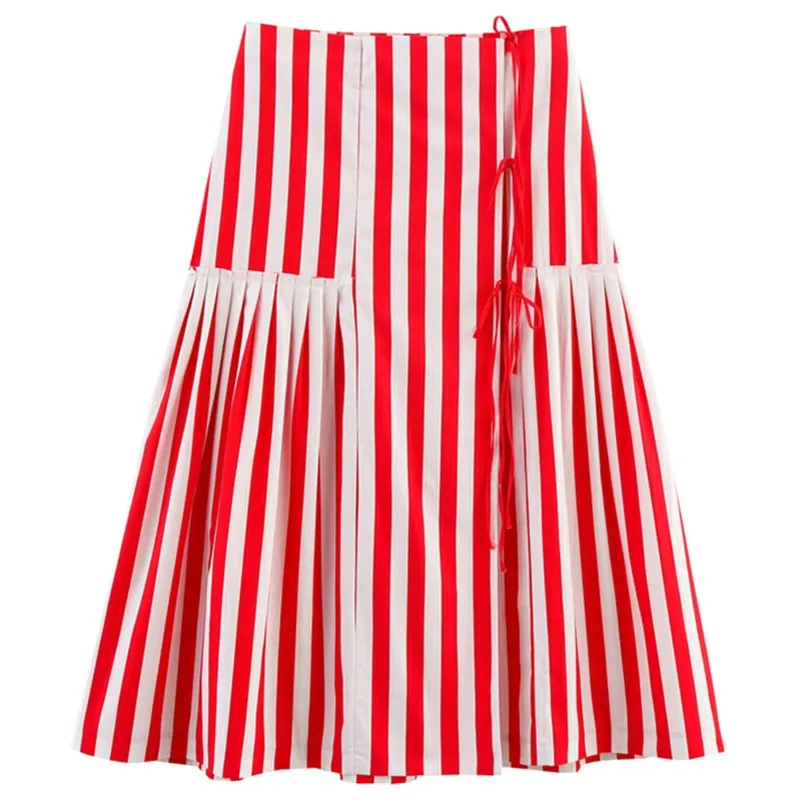 

New 2025 Summer Women's Midi Skirt Cotton Stripe Knot f-length l Waist Loose Fit Long Skirt Versatile Sle