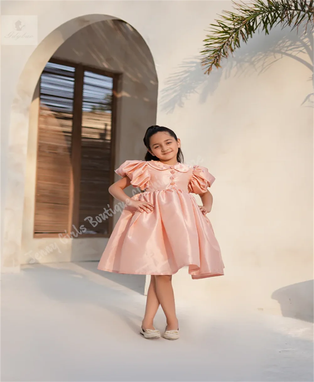 Pink Peter Pan Collar Satin Girl's Dress Knee-Length Children's Birthday Holy Pageant Event Dress Customizable