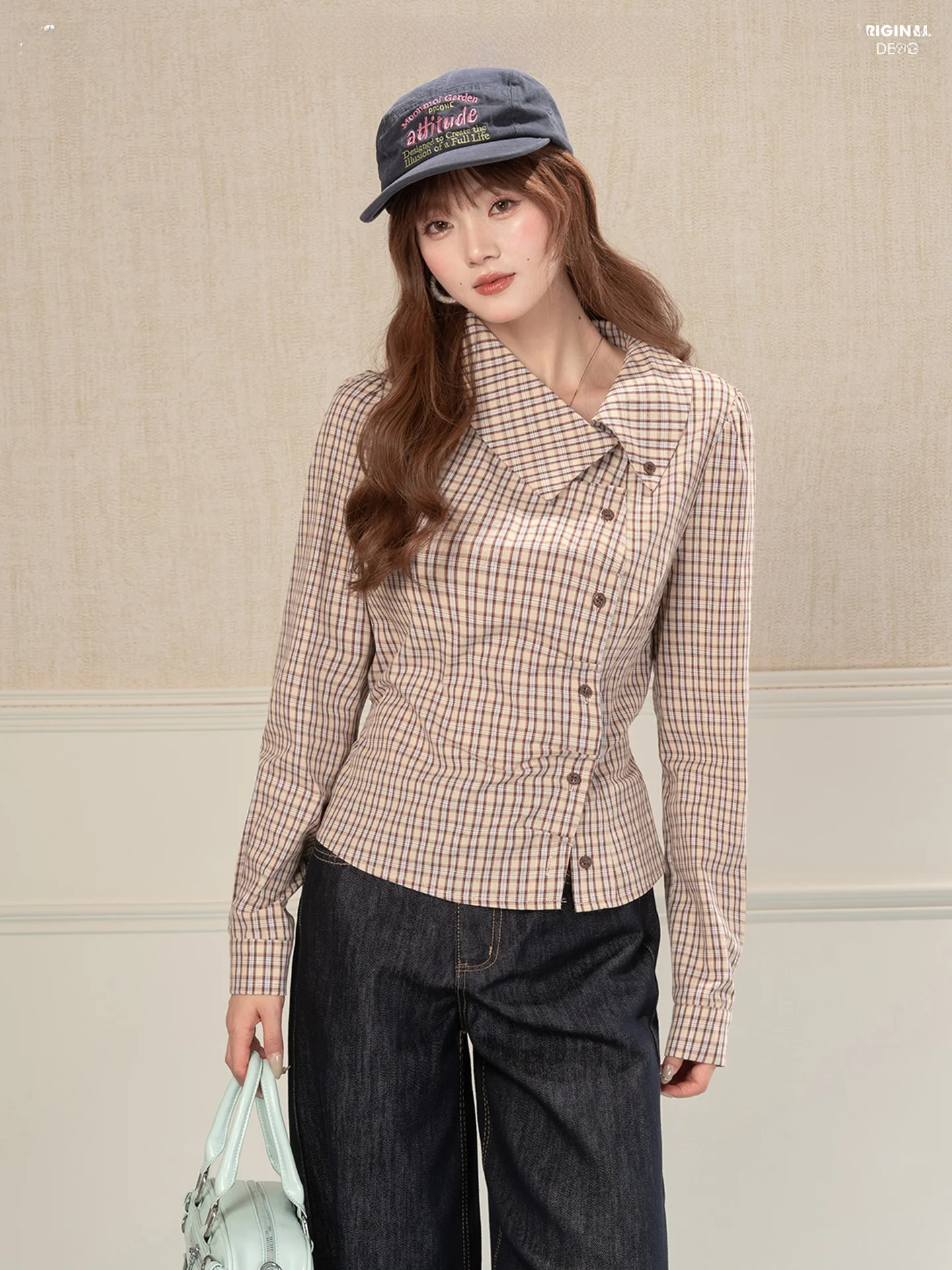 

Khaki Plaid Collar Long Sve Slim Fit Women's irt Spring New Sle Casual Resistant to Deformation Cotton Blend