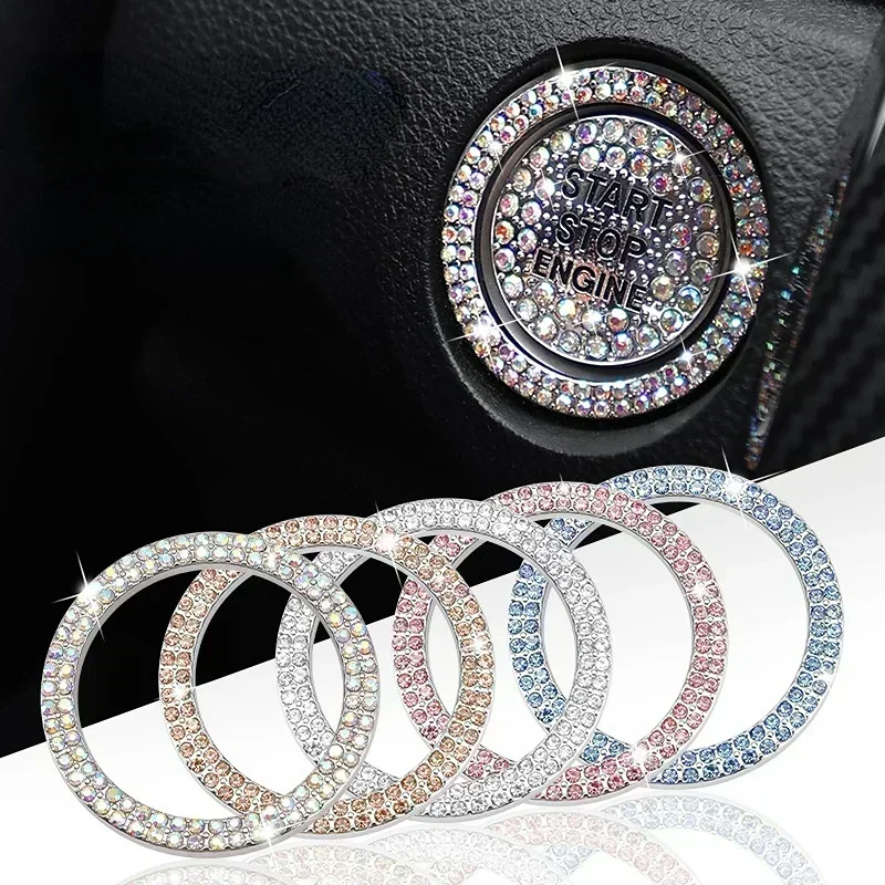 New 2pcs/set Car Diamond Sticker Rhinestone Ring Round Decoration Protective Cover Accessory Start Switch Button Decoration