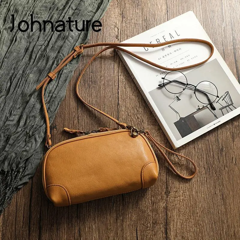 Johnature Simple Genuine Leather Women Small Bag Leisure Natural Soft Cowhide Solid Color Versatile Shoulder & Crossbody Bags