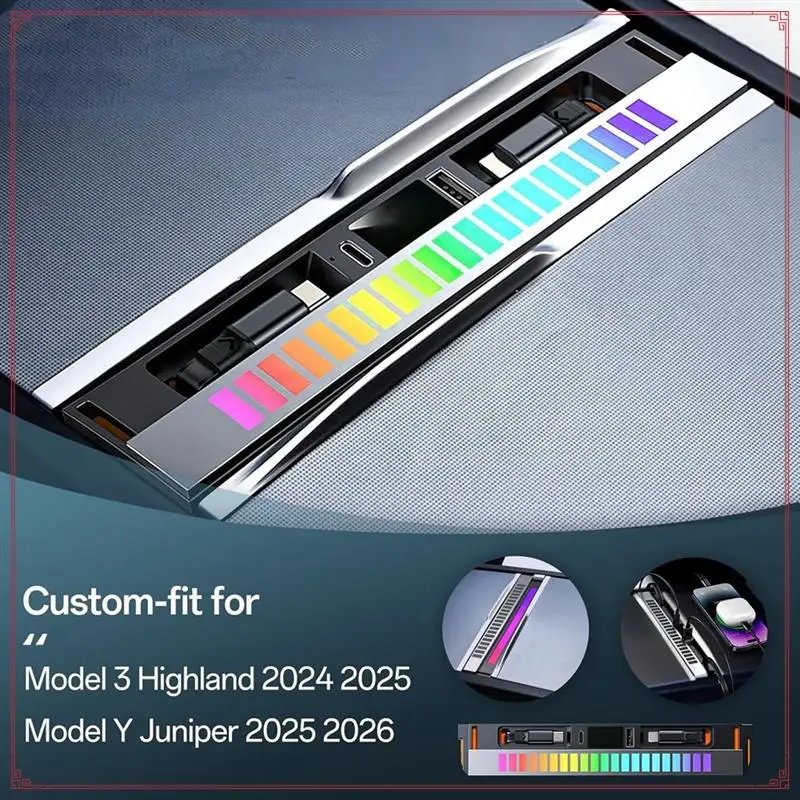 محطة إرساء RGB ضوء USB Hub ل تسلا نموذج Y Juniper نموذج 3 هايلاند 2025 متعدد المنافذ شاحن كابل قابل للسحب #2