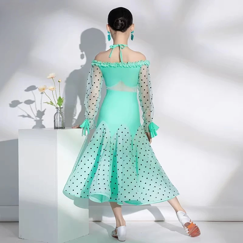 

Girls' modern dance high-end round dot jacquard one-shoulder lace-edge Latin dance modern dance performance practice outfit