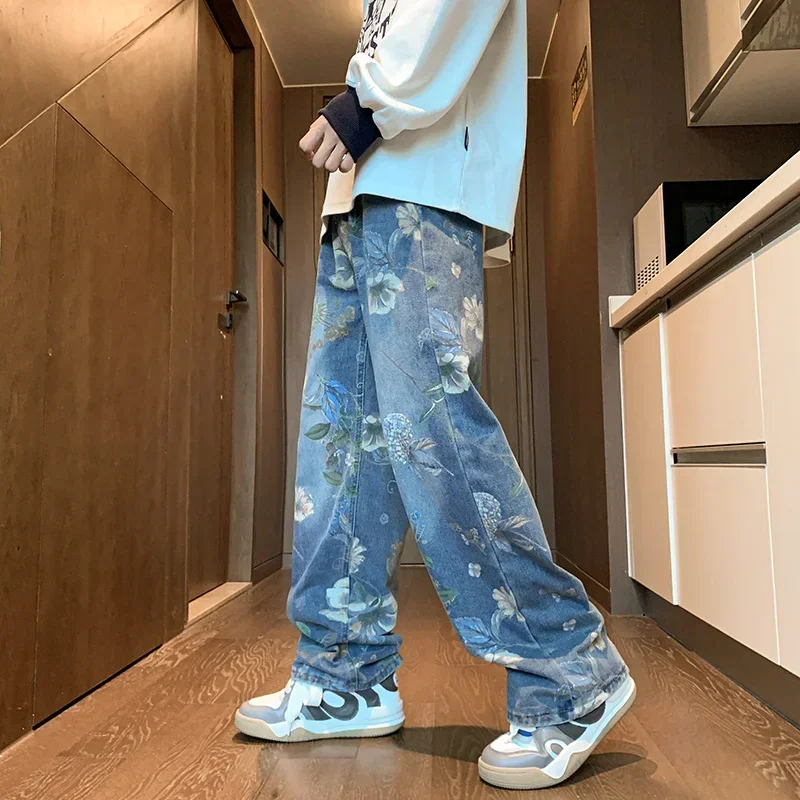 Autumn Floral Printed Jeans For Men 2024 New Y2K Vintage Denim Pants Hip Hop Fashion Wide-leg Baggy Jean Streetwear Trousers