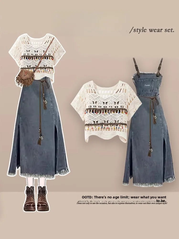 Summer Travel Women's Hollow out Top And Denim Skirt Set Vintage High Waist A-Line Dr ort Sve round Ne Dr