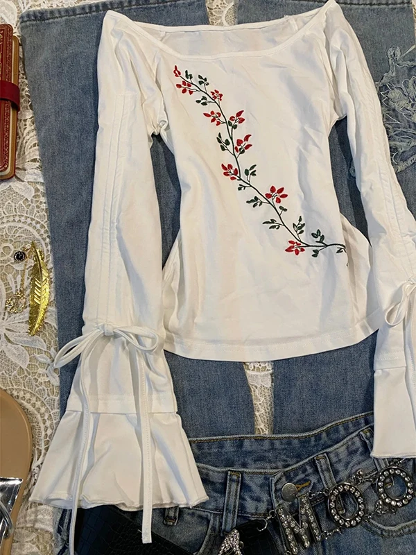 オリジナルホワイトラウンドネックドローストリングタイ長袖 Tシャツ女性のヴィンテージカジュアルファッショントップコットンブレンド夏服