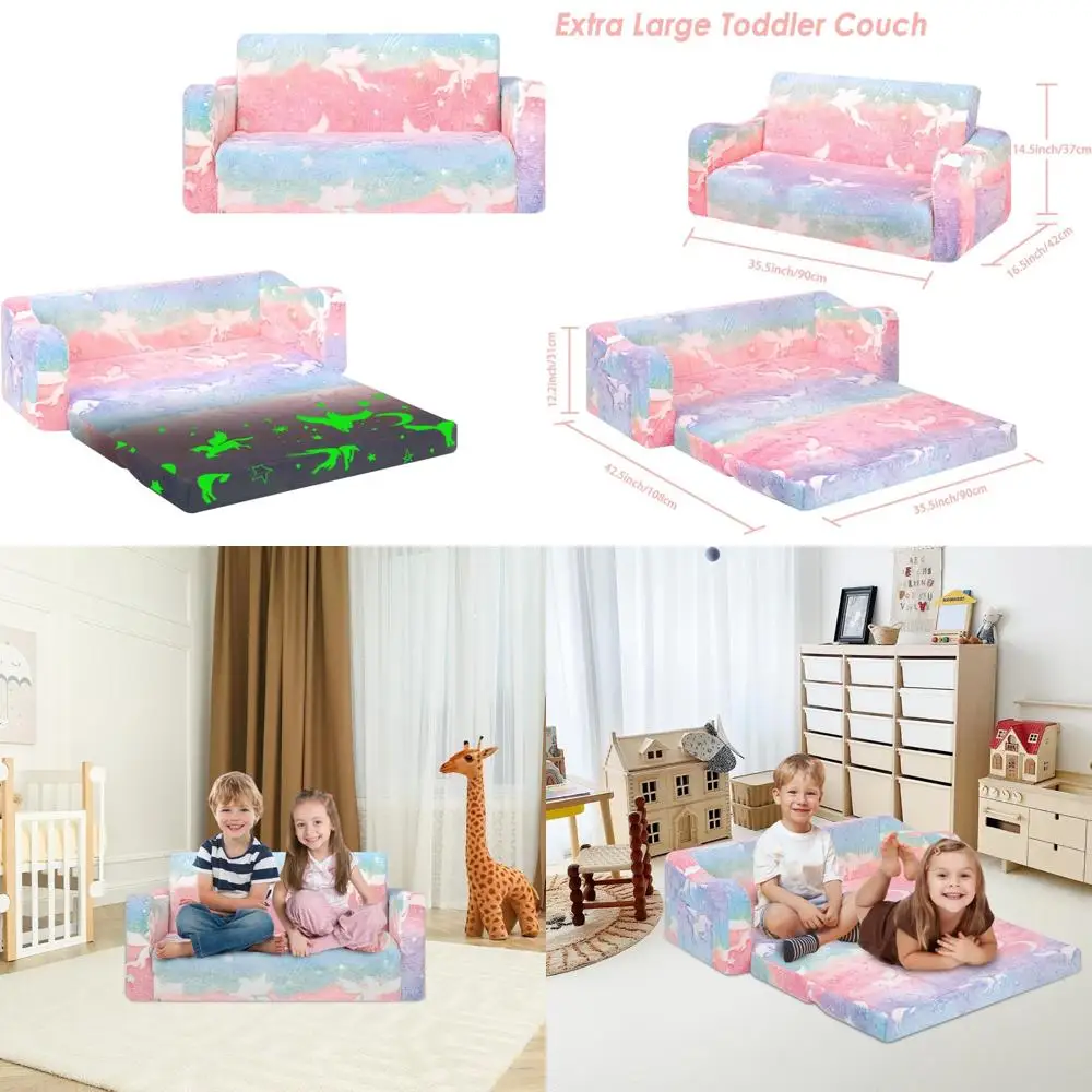 

Extra Large Glow in the Dark 2-in-1 Folding Kids Sofa Bed, Convertible Sleeper Lounger for Girls, Toddler Couch with 2 Seats
