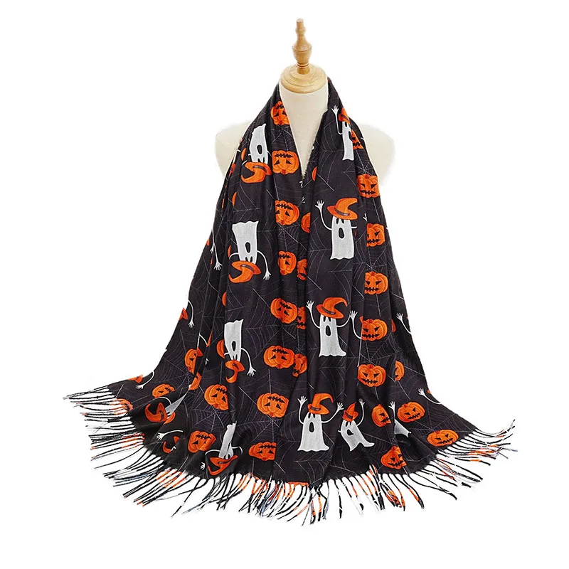 

70x176cm Halloween Double-Sided Monochrome Pumpkin Ghost Print Scarf Tassel Spider Web Print Shawl Warm Imitation Cashmere Scarf