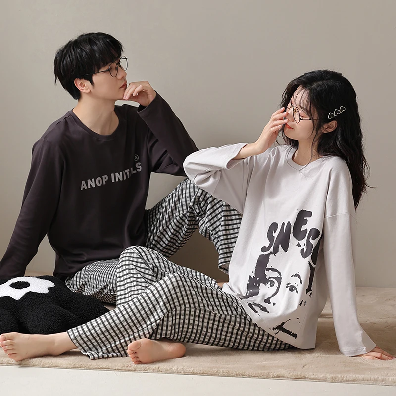 Spring and Autumn Pure Cotton Pajamas Checkered Couple Shirt Round Neck Pullover Casual Set Men's and Women's Pajamas