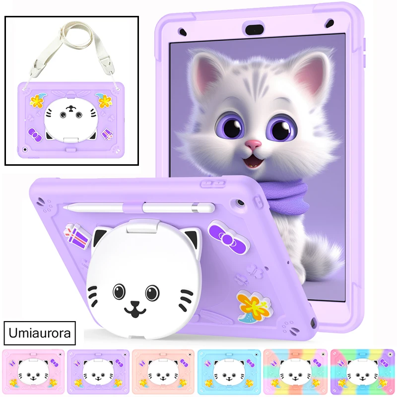 

Для iPad 7-го, 8-го, 9-го поколений (10.2 дюйма), 10-го поколения (10.9 дюйма), 11-го поколения (11 дюймов) A16: Детский противоударный чехол-подставка с мультяшным котом, прочный чехол-футляр с ремешком.