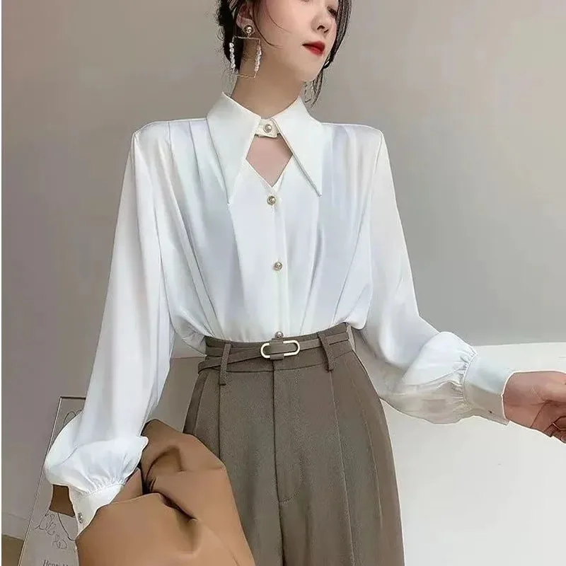 Satin Hollow Out Lapel Neck Shirt Spring Summer Women Casual Solid Single Breasted Shirts Lady Korean Wild Long Sleeves Blouses