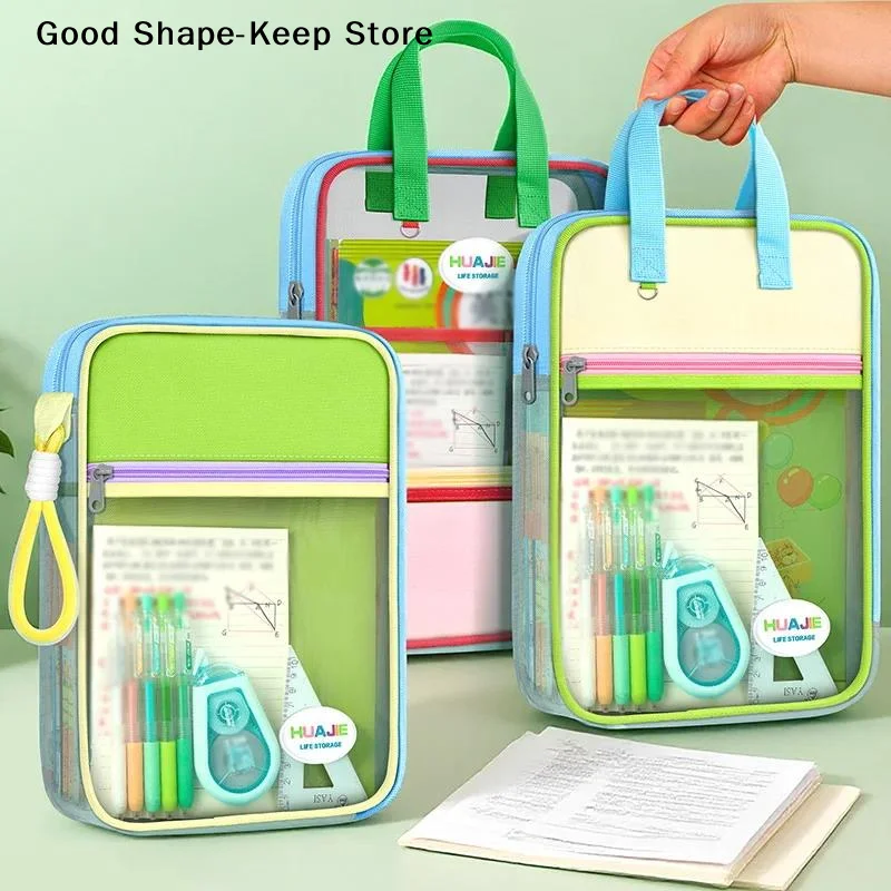 L-Shaped Zipper Mesh Folder, Student Handheld File Bag, Dopamine Color Tote, Exam Paper Storage And Subject Organizer
