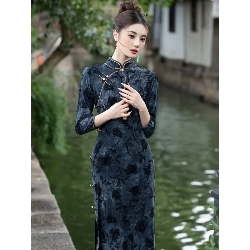 Chinese Tradition Style Girl Qipao Dresses Black Rose Stand Up Collar Mid Sleeve Modern Cheongsam Elegant Women Evening Dresses