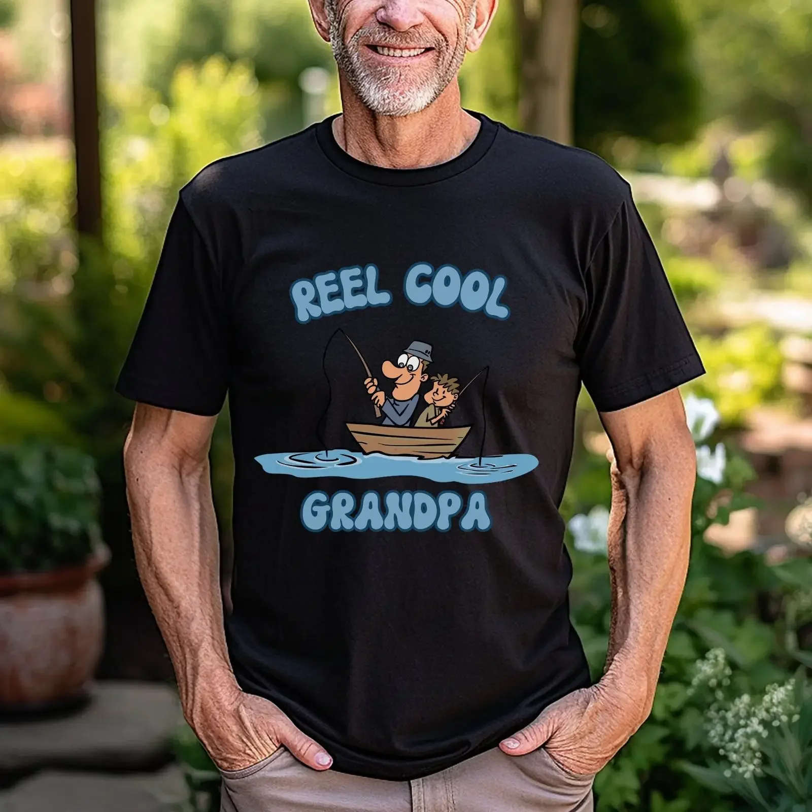 Reel Cool Grandpa Fishing T Shirt Funny Grandfather Grandson Boat Father's Day Birthday For Dad vintage Washed Casual Stretched