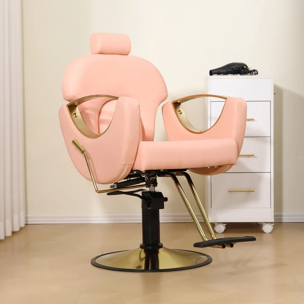 

360° Swivel Reclining Salon Barber Chair with Heavy Duty Hydraulic Pump for Hair Stylists Home Barbershops-Pink