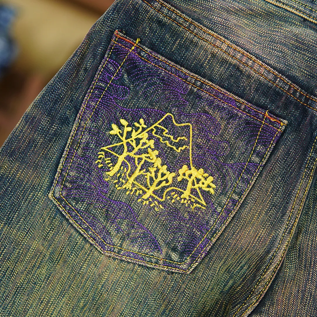 

Двойные окрашенные джинсы с кромкой на 20 унций для мужчин, повседневные прямые брюки в американском стиле ретро из 100% хлопка с вышивкой, 5 км