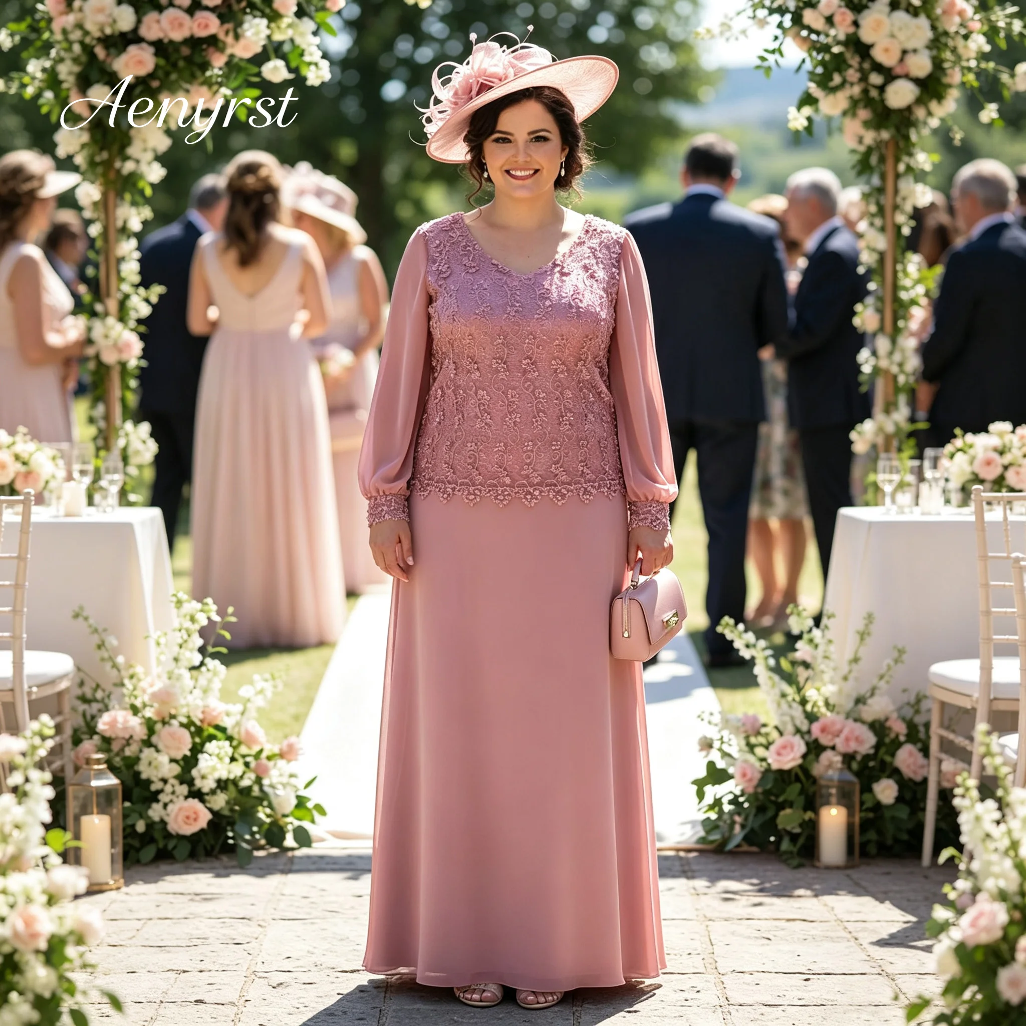 Round V Neck Long Sleeve Floor Length Chiffon Gown Mother of Groom Wedding Party Dress