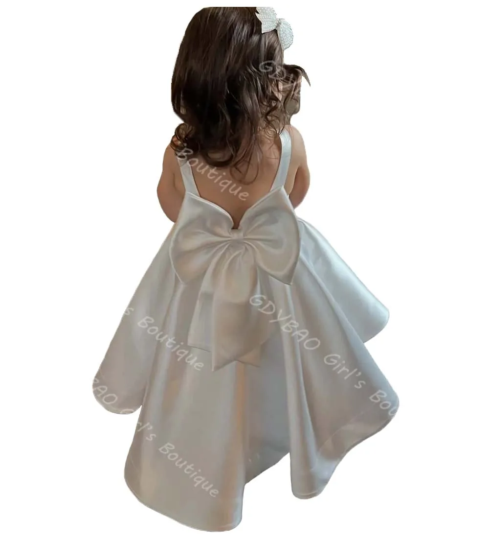 Vestido de niña de flores blanco para boda, vestido de primera comunión hasta el tobillo con espalda descubierta y lazo de satén, vestido de fiesta personalizado