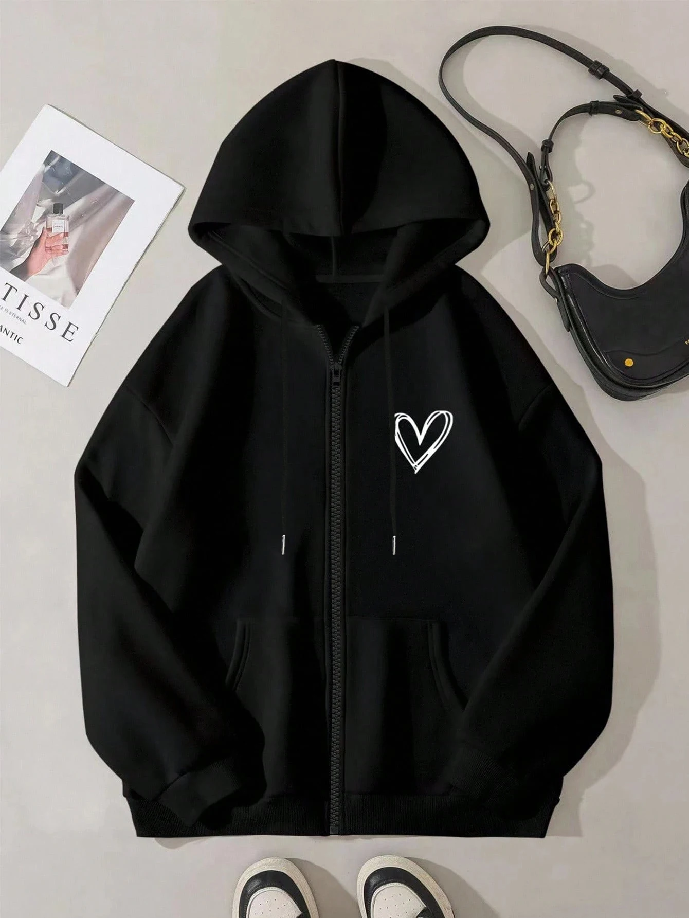 Line Love Print Zipper Hoodie Women Soft Fleece Hoodies Autumn Casual Hoody  Street Pocket Sportswear Oversized All-Match Veste