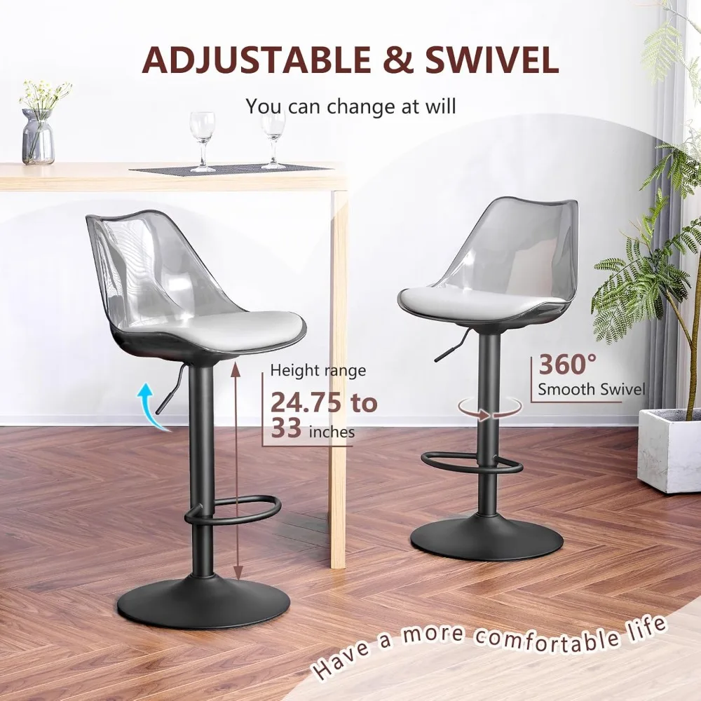 مجموعة مقاعد بار شفافة مكونة من 2، مقاعد بار أكريليك دوارة قابلة للتعديل بارتفاع عداد مع منجد من جلد البولي يوريثان، مقاعد بار بدون ذراع