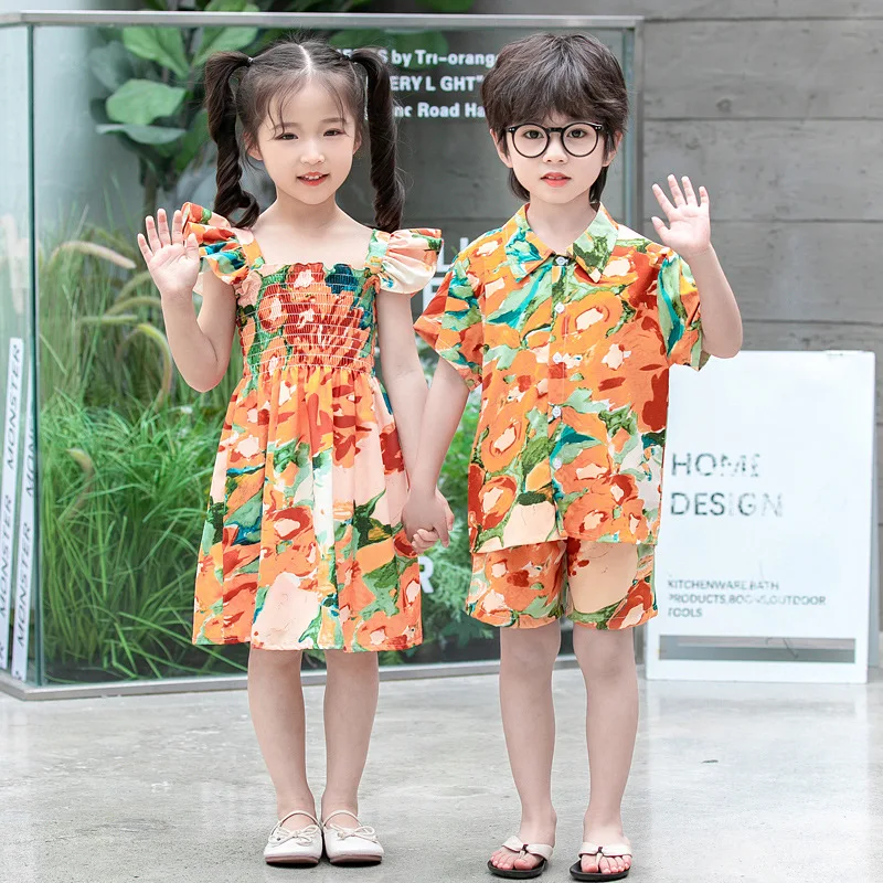 

Vacation Sister and Brother Matching Beach Clothes Girls Dresses Ruffle Sleeve Baby Boys Holiday Shirts + Shorts Two Piece Sets