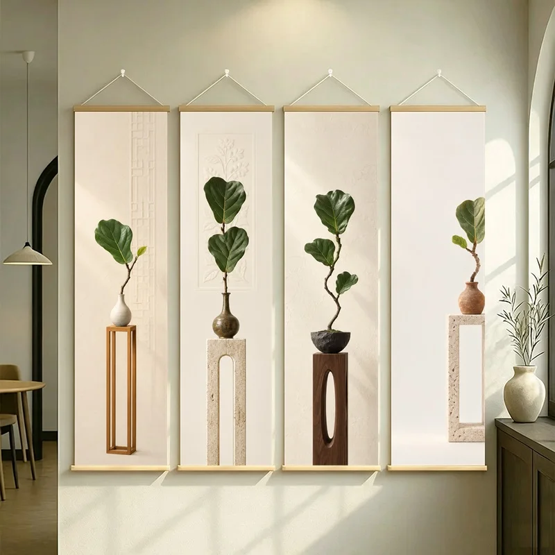 Green Leaf Wall Art 4-Panel Broad Foliage Vase Scroll Set on Cream Silver Shimmer Canvas for Clean Contemporary Entryway Decor