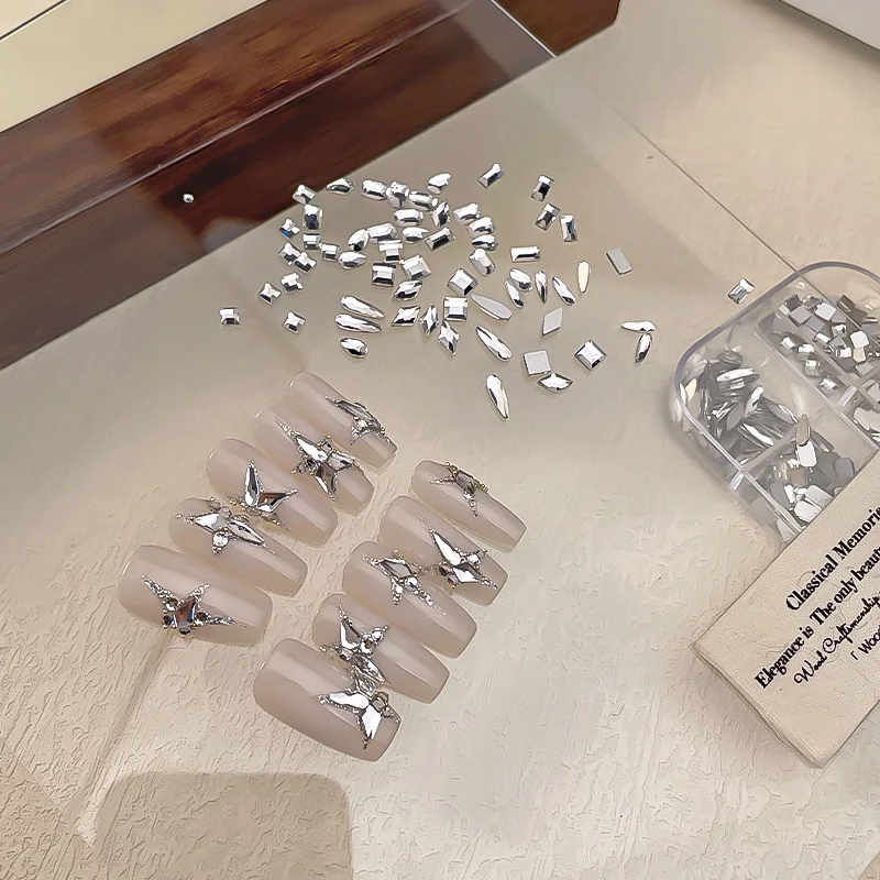 الوردي مزيج الأشكال البريق البسيطة مشطوف زركونيا شقة الظهر الماس مسمار الفن الراين زينة مانيكير الحلي مجموعة