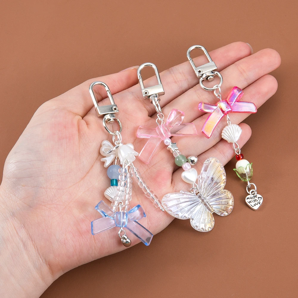 1Pc Y2K Cloud Butterfly Heart Bow Knot Phone Charm Strap Keychain Women Girl Telephone Jewelry Strap Beaded Lanyard Hanging Cord