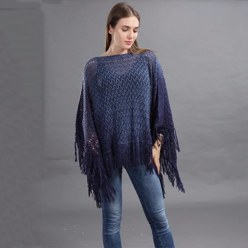 2024 Hot Sale Tassel Gradient Wave Pattern Women\'s Shawl Top Loose Plug Size Knitted Cape Ponchos Bat Sleeve Dropshipping