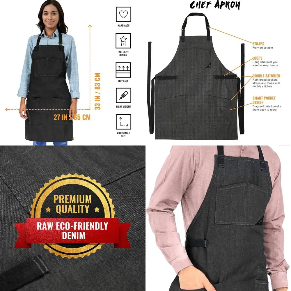 

Джинсовый фартук NY Sky Chef с хлопковыми ремнями, умными карманами, регулируемый для мужчин и женщин — идеально подходит для профессиональных повара, курителей, B