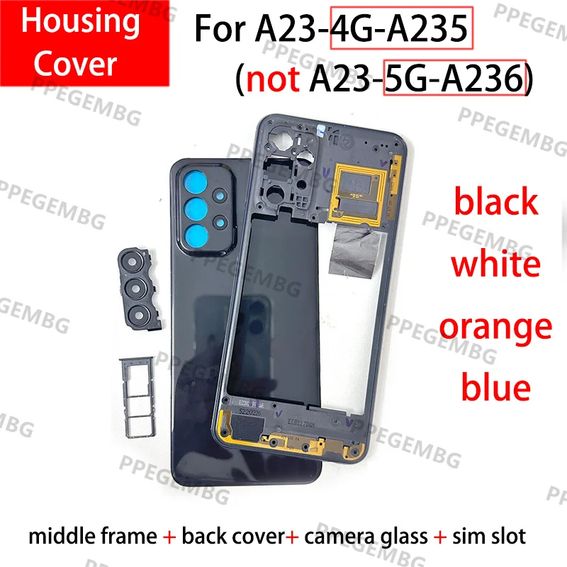 A23 4G A235 For Samsung Galaxy A23 A235F Battery Case Housing Chassis Middle Frame Back Cover Camera Lens sim slot Repair Parts