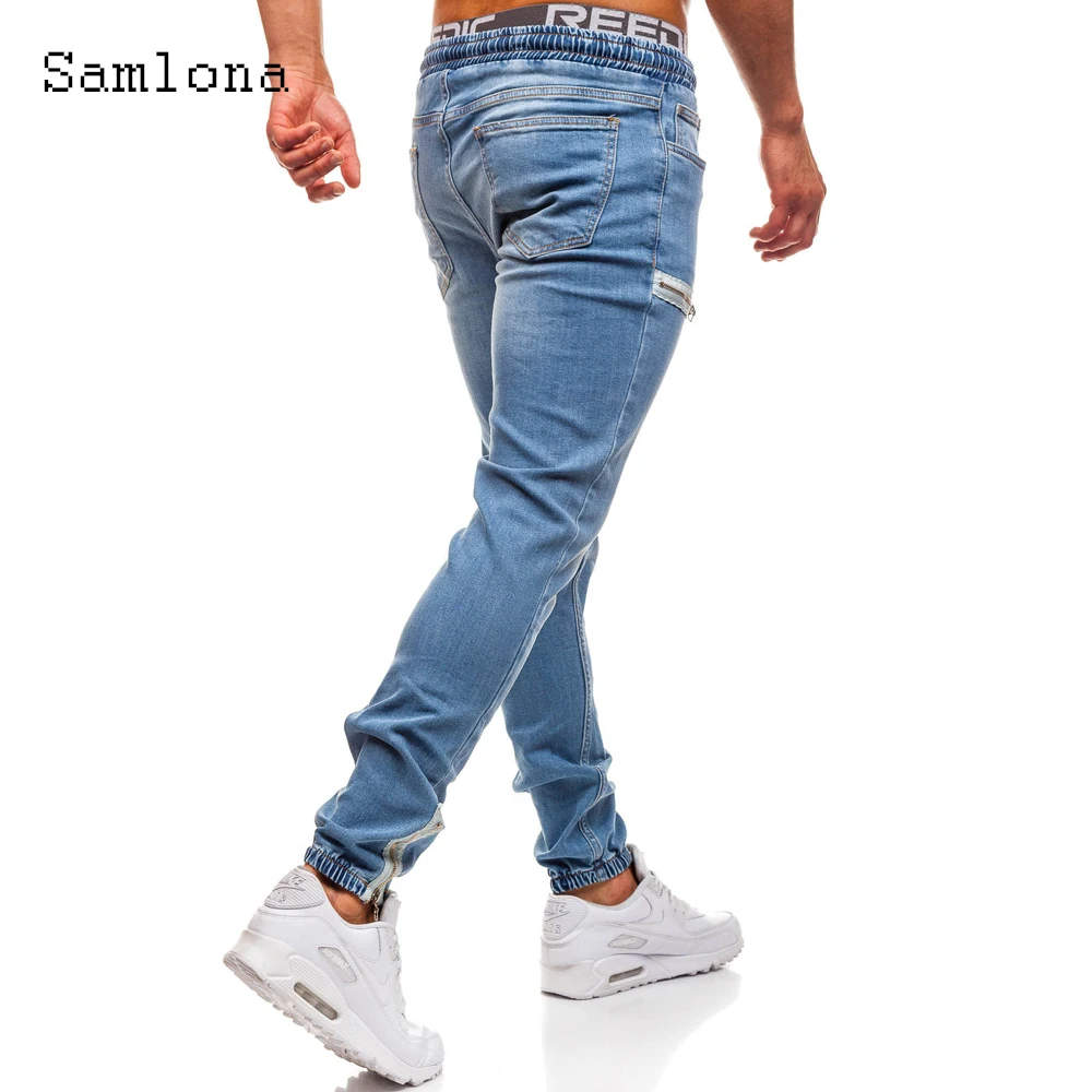 Samlona 2023 Men's Jeans Pencil Demin Pants Europe Fashion Zipper Cuff Demin Trousers Plus Size Mens Elastic Waist Sweatpants