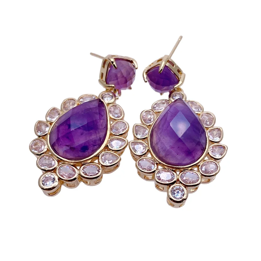 Image of Y·YING Natürliche Amethyst Tropfen Form Cz Pflastern Baumeln Stud Ohrringe Dame Schmuck Femme