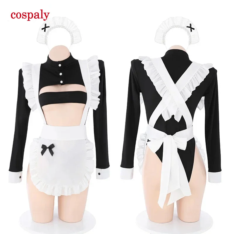 Anime Maid Cosplay Lingerie Turtleneck Hollow Out Bodycon Bodysuit Long Sleeve With Apron Lolita Neko Girl Catsuit Dropship