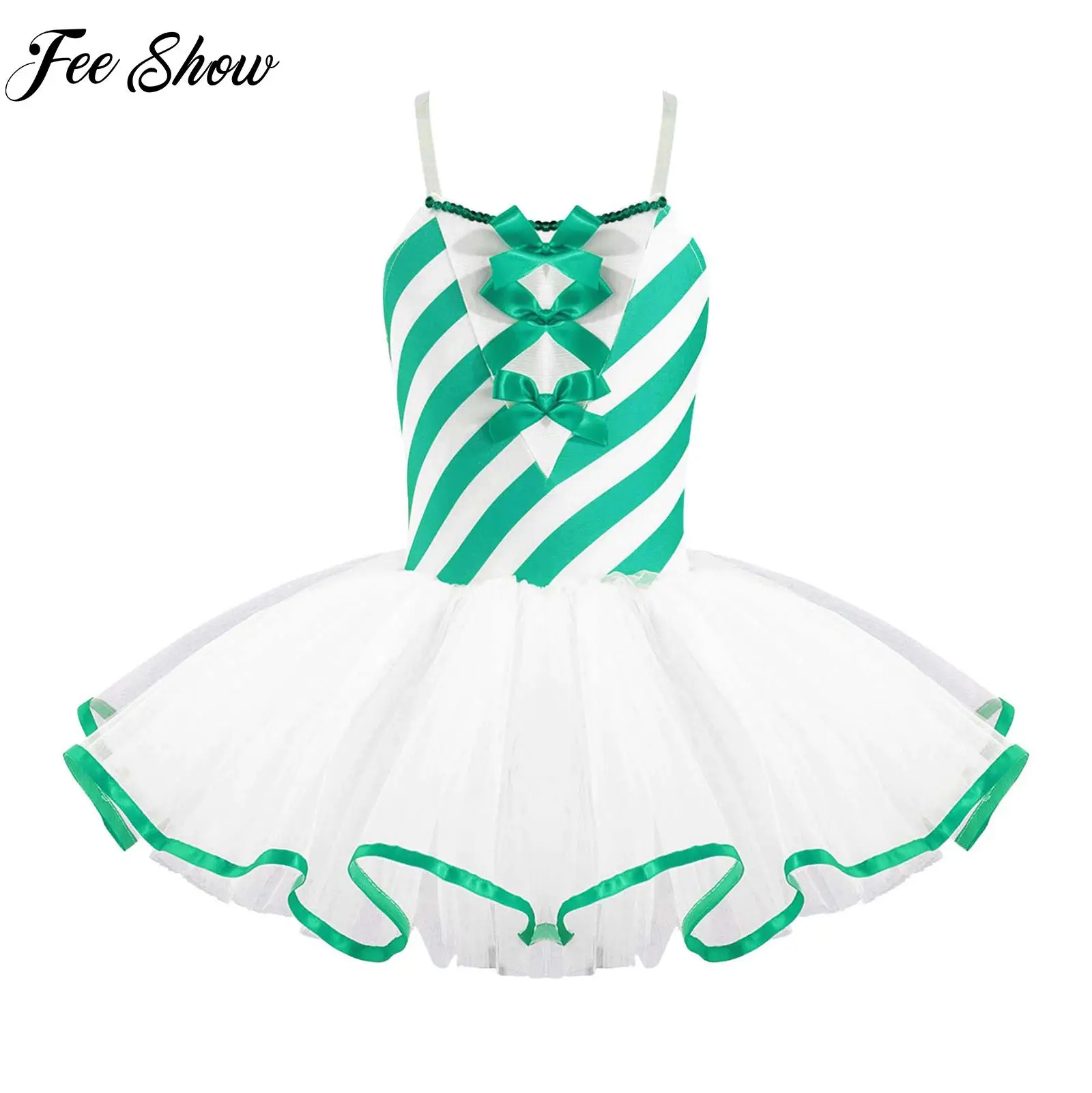 

Kids Girls Christmas Dance Dress Sleeveless Adjustable Straps Bowknot Adorned Stripes Print Mesh Tutu Dress