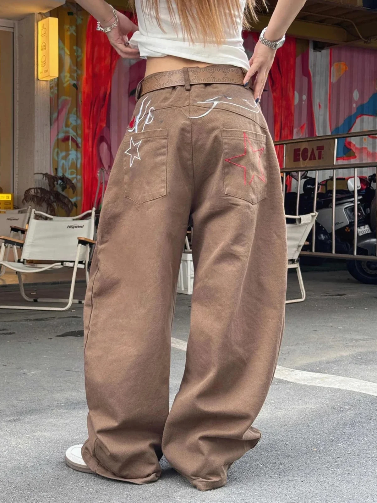 Calças Jeans Unissex Estilo Americano Hip Hop com Bordado de Letras, Vintage, Perna Larga, Soltas, Fluídas, Comprimento Longo...